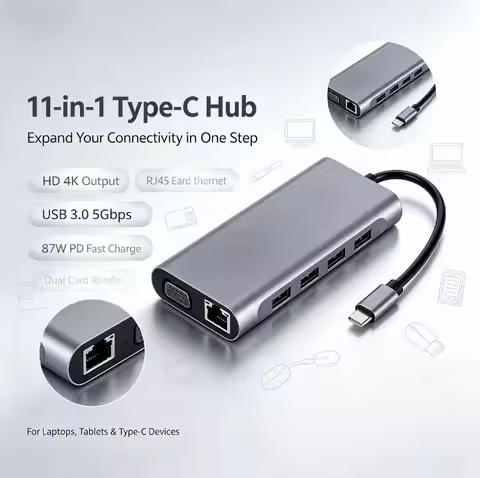 USB C HUB 11 in 1 Type C to HDMI-compatible VGA 4K 30Hz RJ45 PD 87W USB3.0 SD TF Card Reader Docking