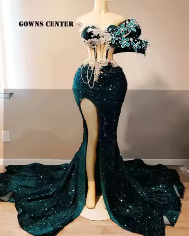 Ardent Emerald Green Sequin High Split Silver Rhinestone Mermaid Evening Gowns Elegant Wedding Party