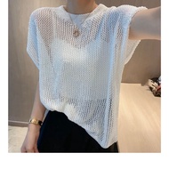 Sweater Rajut Baju Knit BJ-1005 Lengan Pendek Blouse Rajut Outer Atasan Crop Top Jaring Overszie