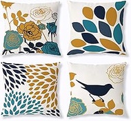 KLSMYHOKI Cushion Cover 40 x 40 cm, Set of 4 Yellow Petrol Teal Flowers Cushion Covers for Living Ro