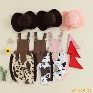Baby Western Outfit Cow Print Tassel Sleeveless Overalls Adjustable Straps with Cowgirl Hat Bandana 