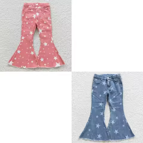 Wholesale Western Baby Girl Stars Clothing Denim Bell Bottom Pants Kid Boutique Children July 4th To