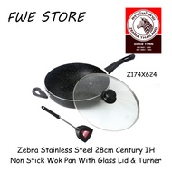 (100% Original) Zebra Thailand Stainless Steel 28cm Century IH Non Stick Wok Pan With Glass Lid &amp; Turner