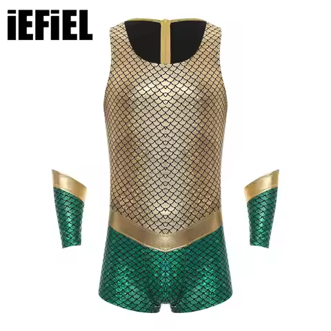 Mens Poseidon Sea King Cosplay Costumes Sleeveless Metallic Shiny Fish Scales Print Bodysuit with Ar
