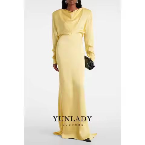 YUNLAN Luxury Dubai Train Tail Yellow Shiny Draped Satin Elegant Evening Dress 2025 Special Occasion