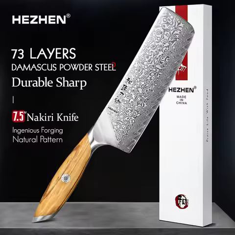 HEZHEN Flagship Series 7 Inch Nakiri Knife 73 Layers Damascus Powdered Steel Olive Wood Handle Kitch