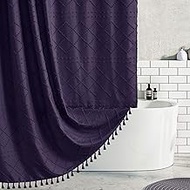 Boho Shower Curtain 84inch Dark Purple Woven Fabric Long Shower Curtain, Tufted Chevron Textured Str