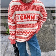 Ganni-Inspired Wool Blend Sweater - Retro Round Neck Casual Wear | Trendy Green & Orange
