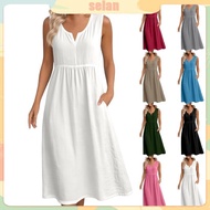 SEL Linen Dress for Women Sleeveless Beach Vacation Flowy Gauze Lightweight Dresses Casual Trendy Cr