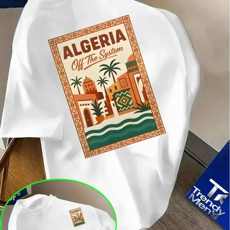 Bandai | Mens And Kids Pink Algerian Pattern T-shirt - Bold "Algeria" Text and Desert City Landscape
