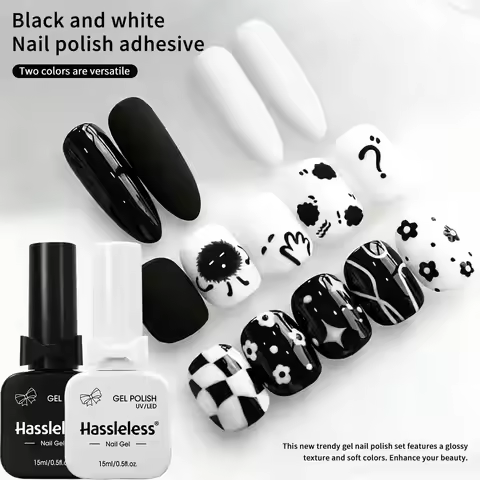 Hassleless 2-Pack Pure White + Pure Black Gel Nail Polish Set - Long-lasting, high-gloss/LED lamp cu