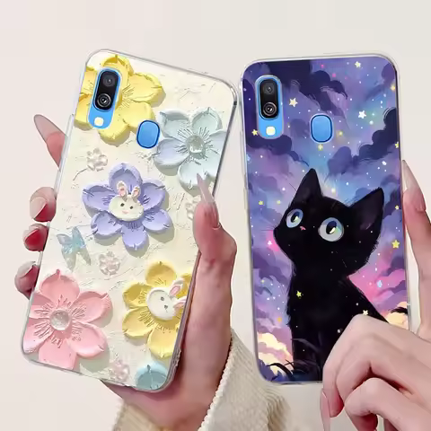 For Samsung Galaxy A40 A40s Elegant Floral Cat Printed Phone Case For Samsung A40 A 40 40S Soft Sili