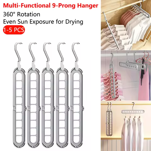 1-5 PCS 9-Prong Space-Saving Hanger - Vertical/Horizontal Convertible Drying Rack Multi-Hook Home La