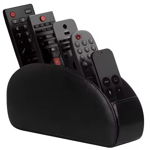 Leather Remote Holder, 5 Compartments Remote Control Holder | Black Faux Leather Remote Caddy for TV
