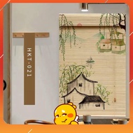 Mành tre trúc in tranh UV hình phong cảnh chim và hoa đào. Mành tre trúc trang trí decor cafe spa.1K