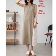 Zá [2hand JAPANESE] cotton dress, long, loose pleated dress, Asymmetrical, Beige/Khaki color, size M