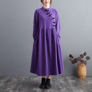 DYU005 PREORDER 2 WEEKS Stand-Up Collar Linen Cotton Long Skirt Large Size Disc Button Long Sleeve Dress