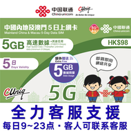 內地澳門兩地通用 5日10GB 5G/4G 無限上網卡數據卡SIM咭(主圖與聯通通用包裝隨機發貨)(最後啟用日期 30/6/2027)- 店內另提供 1 至 365 天內地上網卡