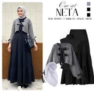 One Set Korean Style Women | Coquette Ribbon Blouse + Inner + Skirt + Hijab | Eid Outfit Set | Trend