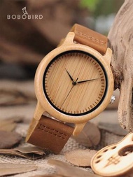 1只bobo Bird男女竹木手錶,棕色牛皮革帶,模擬石英休閒手錶