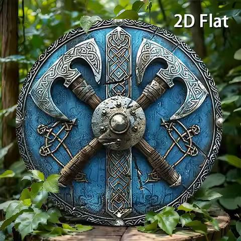 [2D Flat] Viking Axes & Shields Metal Wall Art - Rustic Norse Aluminum Sign, 7.87" Round, Intricate 