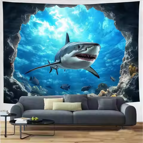 Blue Ocean Shark Tapestry Tropical Fish and Coral in Undersea Deep Abyss With Blue Sunlight Landscap