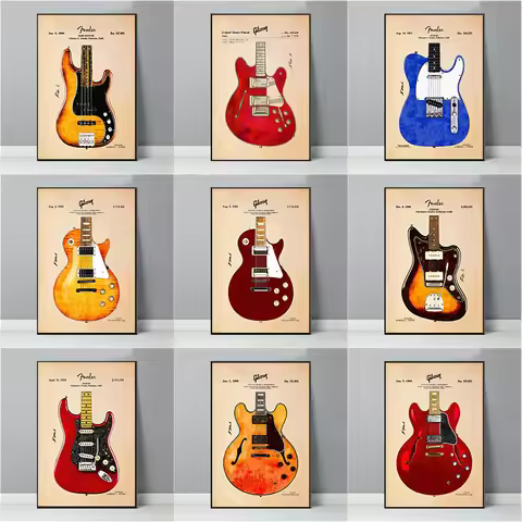 Electric Guitar Blueprint Fender Jazzmaster Stratocaster Gibson Les Poster Wall Art Pictures Canvas 