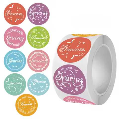500pcsMacaron Color Spanish Thank You Stickers，9Pattern Baking Packaging Round Graffiti Thank You St