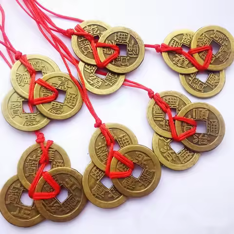 3 Coins Red Chinese Knot Copper Vintage Feng Shui Wealth Success Lucky Charm Home Car Hanger As Bles