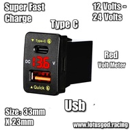 12V / 24V PD QC 3.0A Super Fast Quick Charging Dual 36W Type C | USB Red Volt Meter Led Charger Sock
