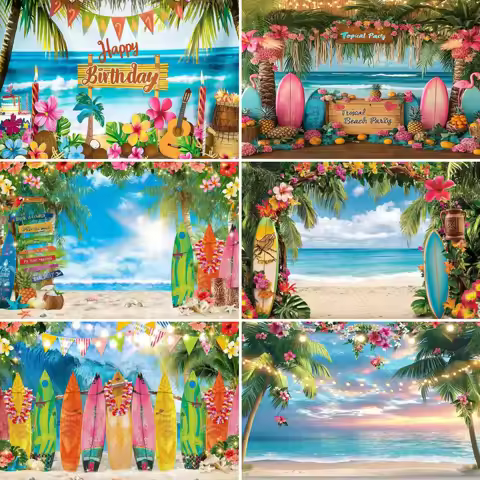 Hawaii Summer Beach Backdrop Tropical Seaside Flowers Aloha Coconut Trees Barbecue Sea Ocean Surfboa