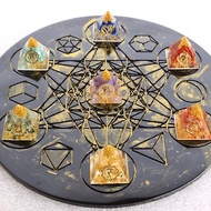【客製化禮物】七脈輪符號迷你奧剛金字塔擺陣組-Orgonite水晶礦