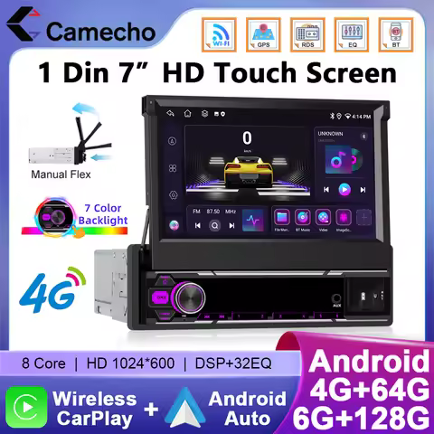 Camecho 6+128G 1 Din Car Radio 7" Retractable Screen Android Autoradio Carplay Auto GPS Stereo 1Din 