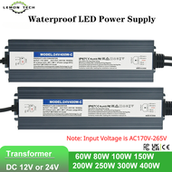 หม้อแปลงไฟฟ้ากันน้ำ12V LED ไดรเวอร์กลางแจ้งบางเฉียบ220V ถึง24V 60W 100W 150W 200W 300W 400W