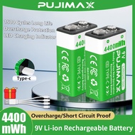 PUJIMAX 9V USB Rechargeable Battery 4400mWh Lithium 9v Battery With Type-C USB Cable 6F22 Square Bat
