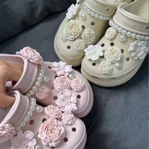 Bone White Flower Charms With Puff Flower Shoe Charms Set DIY Decoration Buckle For Summer Sandals H