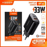 VEGER VR-33 Charger USB + PD 33Watt 2 Port Output Smart Gan Charger Fast Charger