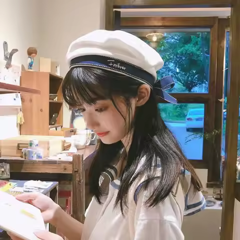 Japanese School Style Cute Beret Summer Lightweight Sailor Hat Black & White Preppy Uniform Cap Kawa