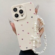 เคสโทรศัพท์ป้องกันสีเบจลายหัวใจพร้อมสายโซ่โบว์, เข้ากันได้กับ iPhone 16/16 Pro Max, 15 XR/7/8, 15 Pr