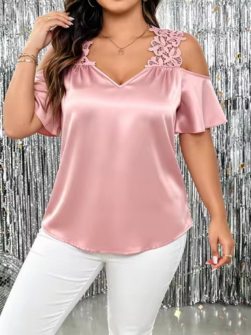 Plus Size Lace Insert Peplum Blouse Elegant Evening Party Top Glamorous Fit