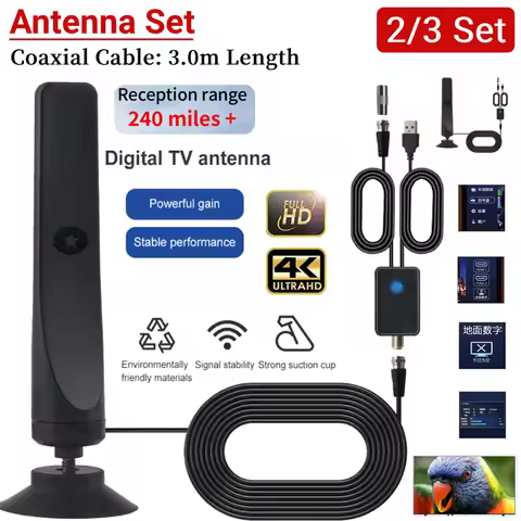 TV Digital Antenna with Signal Booster Portable Antenna Support 4K 1080P Suction Cup TV Antenna Plug