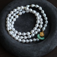 7mm天然原色淡水珍珠 純銀珍珠小花扣翡翠平安扣設計多圈手串項鍊