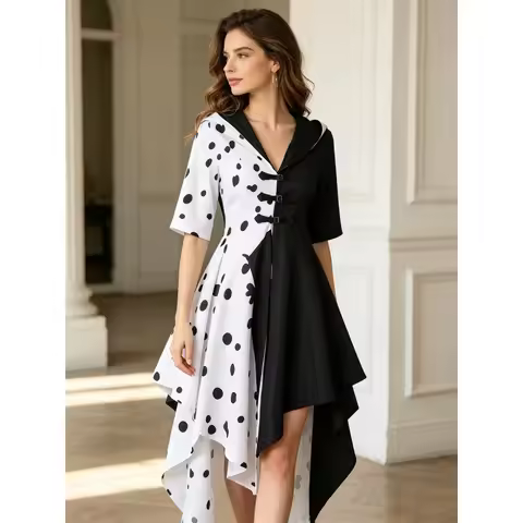 Cruella Cosplay Costume DressCloak with Gloves Halloween Carnival Set Adult Female Cruella De Vil Co