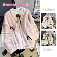 Bow Knitted Blouse Women Long Sleeve V Neck Korean Style Loose Ladies Pink White Khaki Knit Top Knit