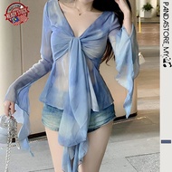 🇲🇾 READY STOCK Women Glamorous Blouse Tie Dye Contrast Mesh Front Frill Blouse Long Sleeve V Neck Sl