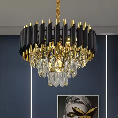 Modern 3-story crystal black Gold chandelier Light 15.7 "Round ceiling lighting dimmable living room