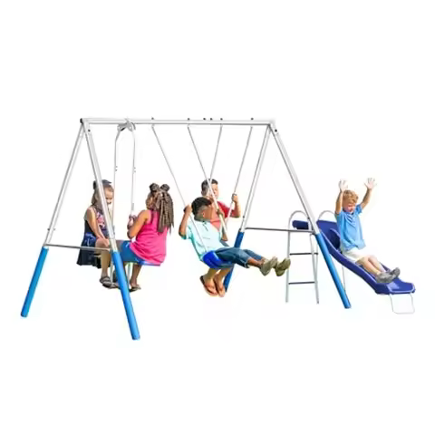 Backyard playground set with galvanized metal frame gray finish 5-user/4-station swing slide and gli