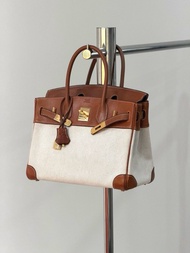 Hermes Birkin 30 金棕金扣馬鞍皮拼帆布