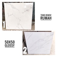 Populer keramik lantai putih motif carara 50x50 (glossy)/ keramik