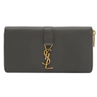 YSL 414570 經典LOGO荔枝牛皮拉鍊式長夾.深灰